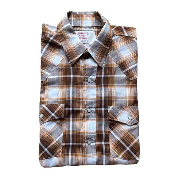 Vintage Saddle King Western SS Button Up Shirt Brown/Orange L/XL GUC - Picture 3 of 8
